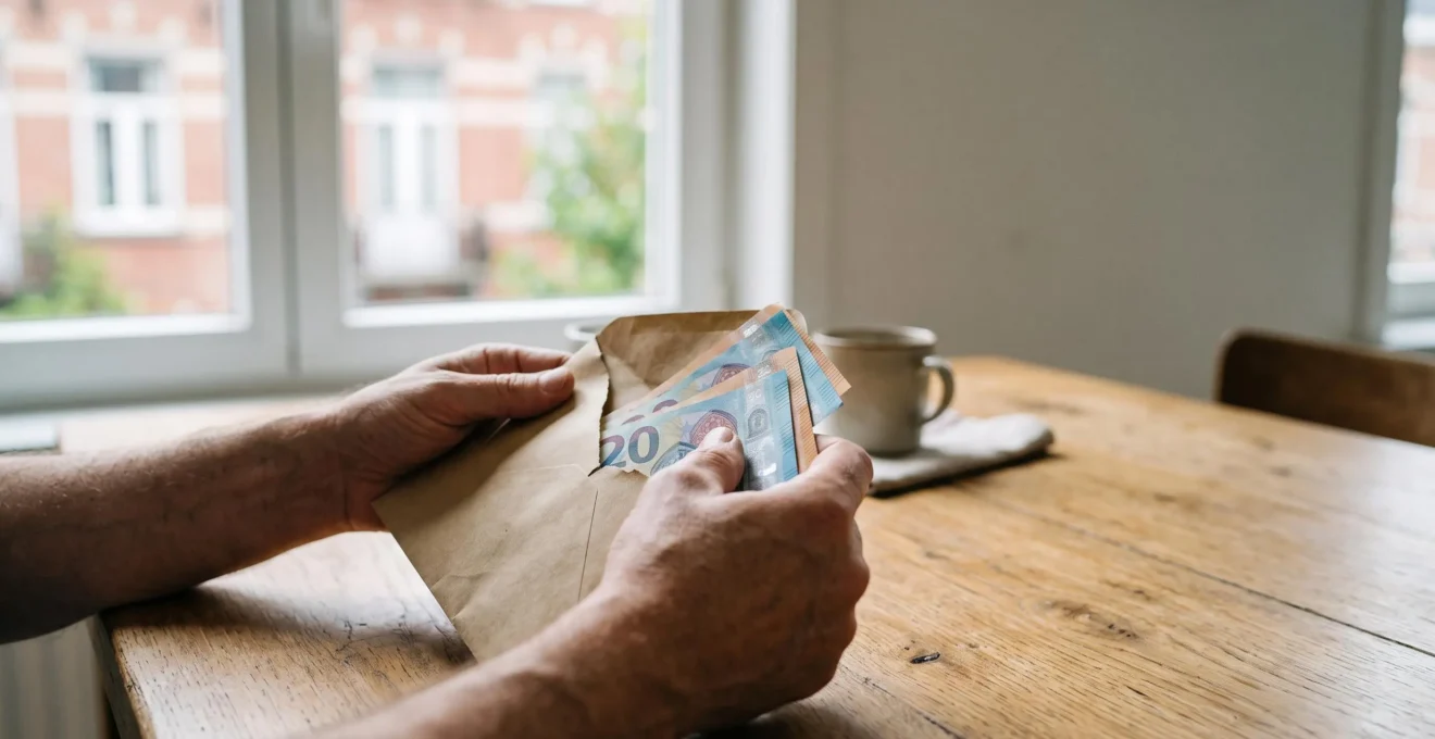 Mains ouvrant une enveloppe brune laissant apparaitre des billets de banque, symbolisant l'argent fiscal que de nombreux Belges oublient de recuperer