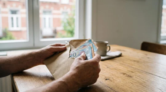 Mains ouvrant une enveloppe brune laissant apparaitre des billets de banque, symbolisant l'argent fiscal que de nombreux Belges oublient de recuperer