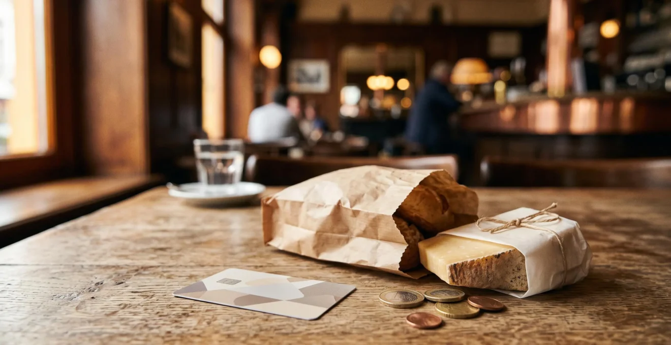 Carte de chèques-repas posée sur une table en bois avec des produits alimentaires frais, symbole du pouvoir d'achat en Belgique