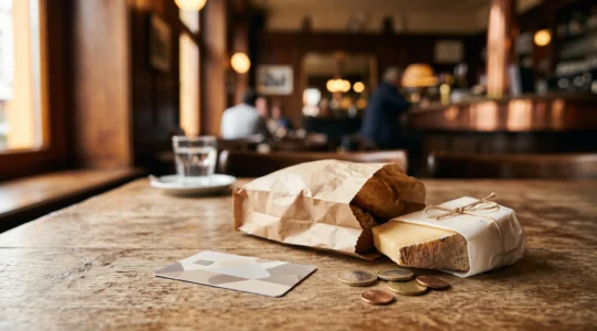Carte de chèques-repas posée sur une table en bois avec des produits alimentaires frais, symbole du pouvoir d'achat en Belgique
