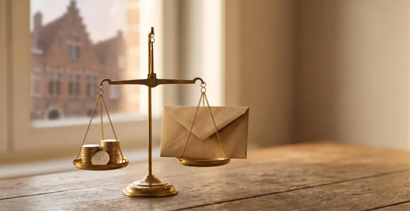 Composition symbolique d'une enveloppe de salaire et de pieces en equilibre, illustrant l'equilibre entre precompte paye et impot final en Belgique