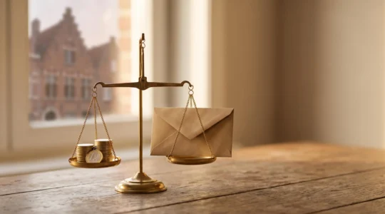 Composition symbolique d'une enveloppe de salaire et de pieces en equilibre, illustrant l'equilibre entre precompte paye et impot final en Belgique