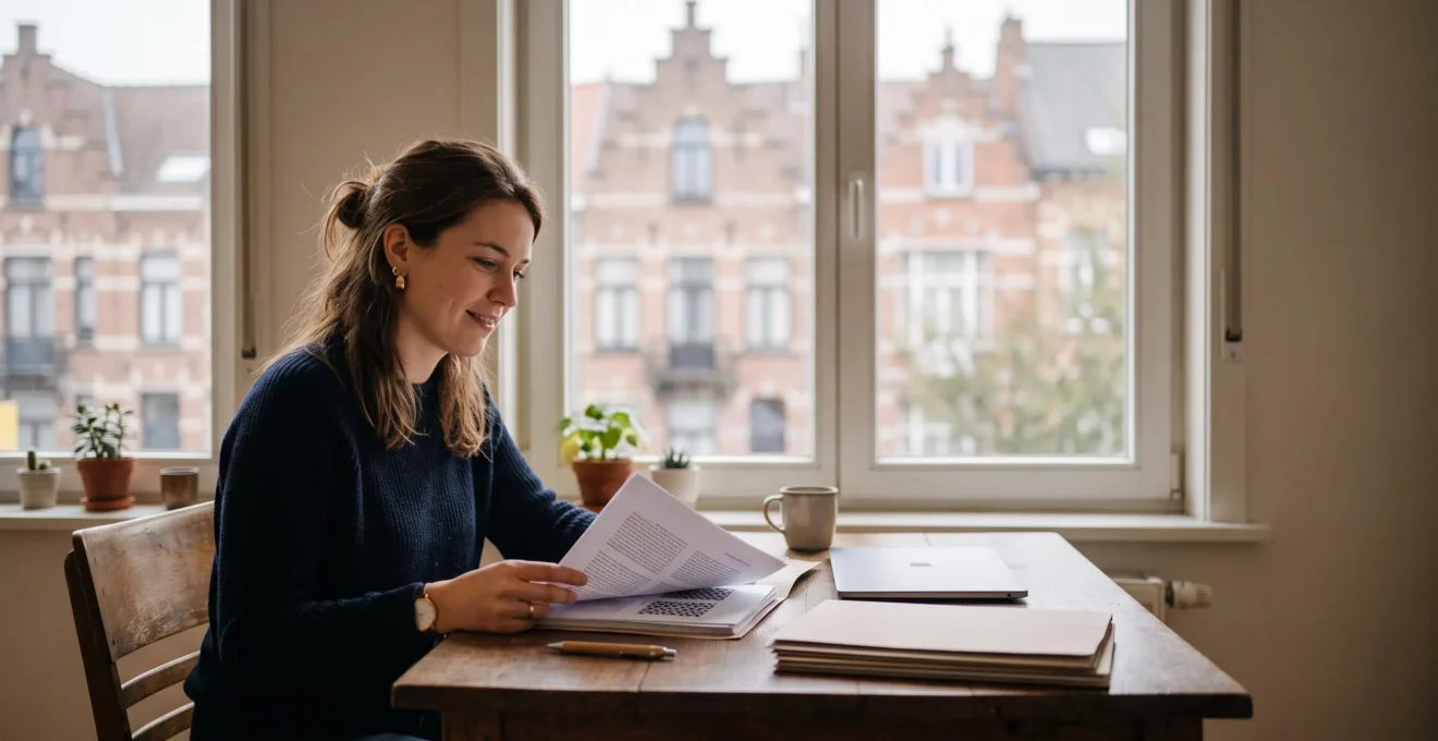 Jeune adulte belge consultant sereinement des documents financiers près d'une fenêtre avec vue sur des façades typiques, symbolisant la maîtrise de sa première déclaration d'impôts