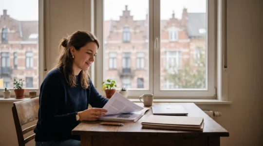 Jeune adulte belge consultant sereinement des documents financiers près d'une fenêtre avec vue sur des façades typiques, symbolisant la maîtrise de sa première déclaration d'impôts