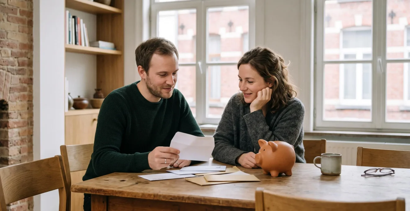 Un couple belge dans la trentaine consulte sereinement ses finances à la table de la cuisine, symbole de la préparation de la retraite et de l'optimisation fiscale.
