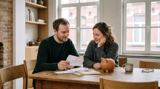 Un couple belge dans la trentaine consulte sereinement ses finances à la table de la cuisine, symbole de la préparation de la retraite et de l'optimisation fiscale.