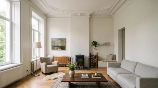 Salon lumineux avec plafond haut de 3,5 metres dans une maison de maitre belge amenagee avec gout