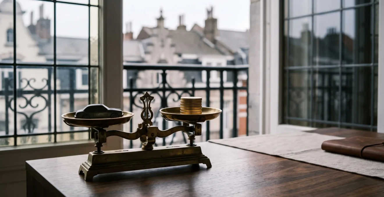 Balance symbolique mettant en équilibre une petite voiture miniature et une pile de jetons dorés, illustrant la comparaison entre un salaire brut avec avantages et un salaire brut plus élevé sans avantages en Belgique