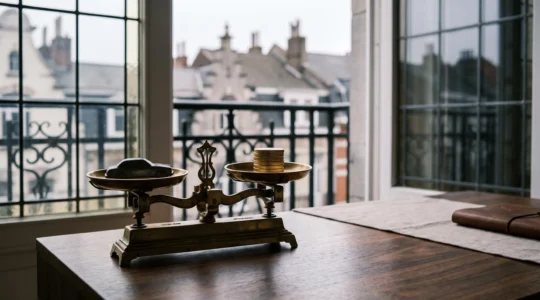 Balance symbolique mettant en équilibre une petite voiture miniature et une pile de jetons dorés, illustrant la comparaison entre un salaire brut avec avantages et un salaire brut plus élevé sans avantages en Belgique