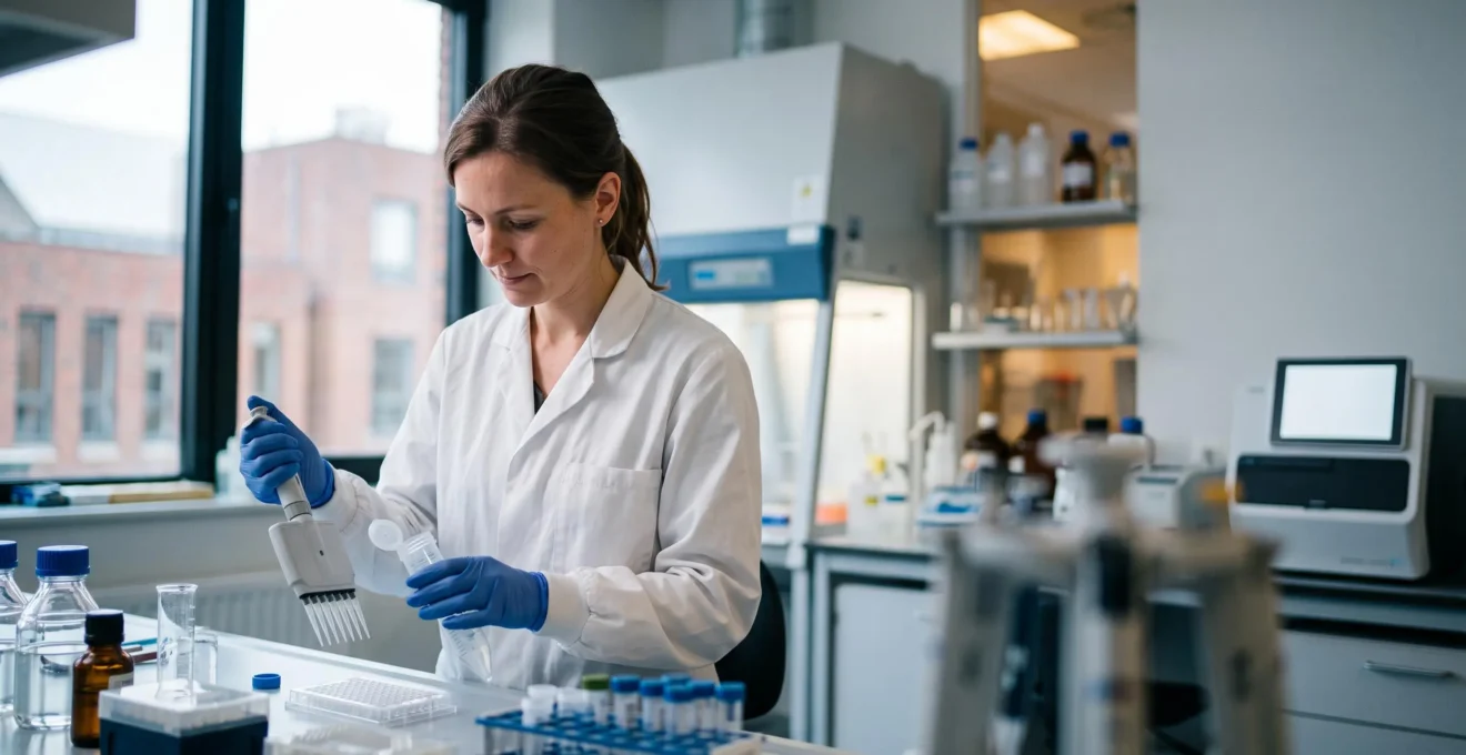 Chercheur en biotechnologie belge manipulant un équipement de laboratoire de pointe dans un centre de recherche moderne
