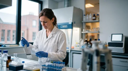 Chercheur en biotechnologie belge manipulant un équipement de laboratoire de pointe dans un centre de recherche moderne
