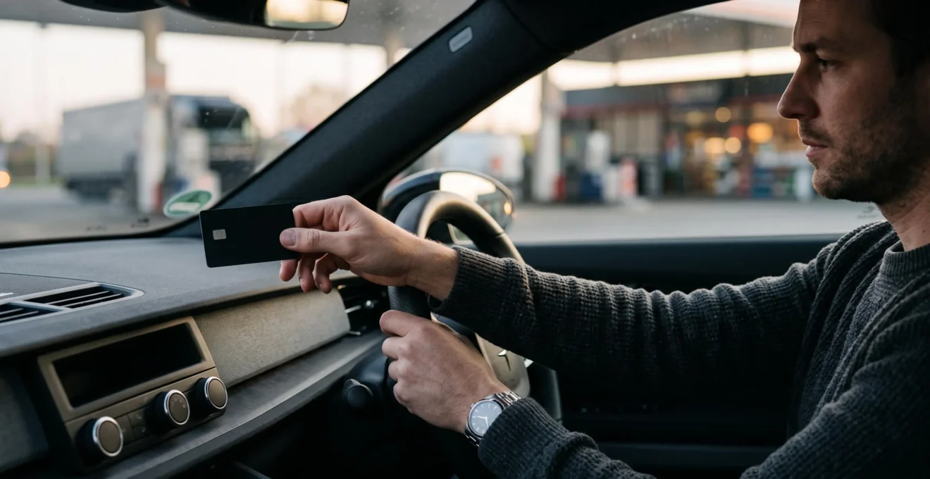 Main tenant une carte de paiement professionnelle au-dessus d'un tableau de bord de voiture, symbolisant la gestion intelligente du budget mobilité en Belgique