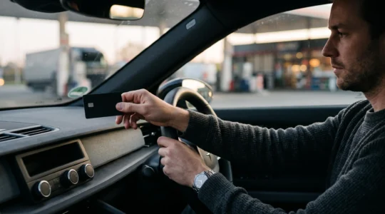 Main tenant une carte de paiement professionnelle au-dessus d'un tableau de bord de voiture, symbolisant la gestion intelligente du budget mobilité en Belgique