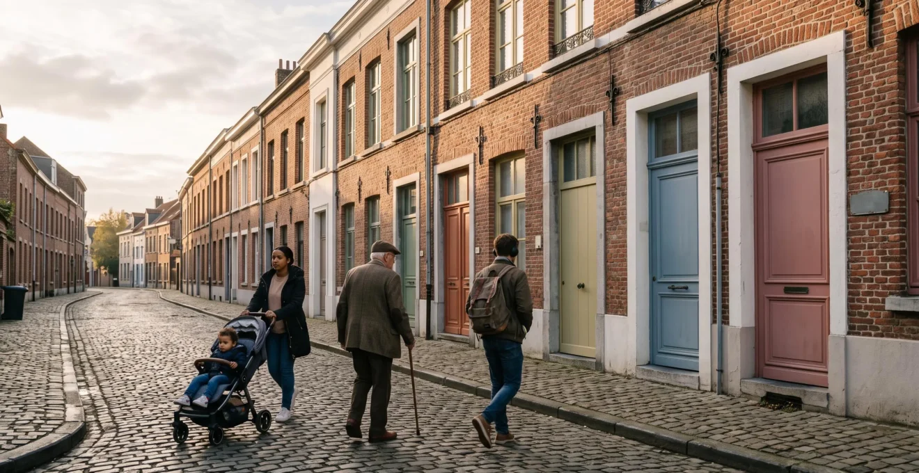 Illustration symbolique de portes colorees le long d'une rue belge typique, representant les multiples aides sociales accessibles aux citoyens