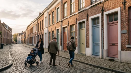 Illustration symbolique de portes colorees le long d'une rue belge typique, representant les multiples aides sociales accessibles aux citoyens