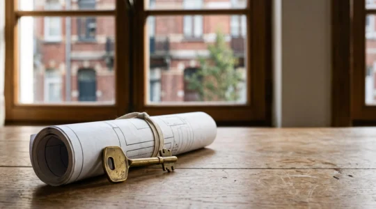 Clé posée sur les plans d'une maison belge en brique, symbolisant le certificat PEB indispensable à la vente