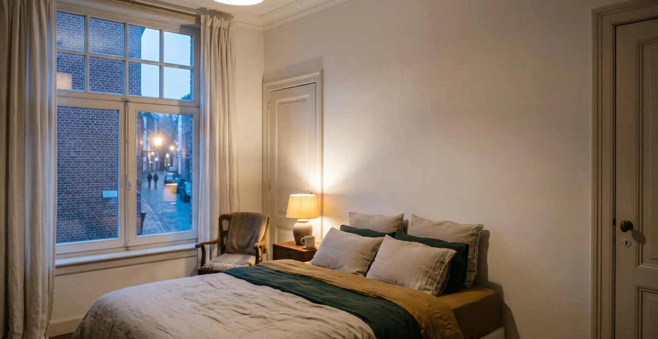 Chambre calme dans une maison bruxelloise en soirée, illustrant la protection contre le bruit urbain grâce a des fenetres isolees