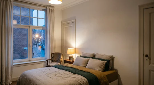 Chambre calme dans une maison bruxelloise en soirée, illustrant la protection contre le bruit urbain grâce a des fenetres isolees
