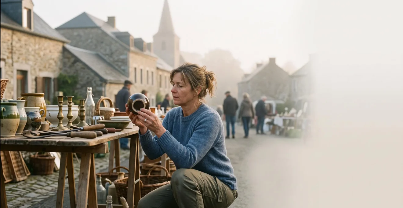 Un chineur examine attentivement un petit objet ancien sur un étal de brocante dans un village belge, à la lumière du matin