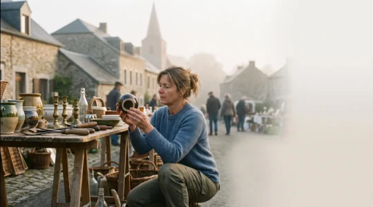 Un chineur examine attentivement un petit objet ancien sur un étal de brocante dans un village belge, à la lumière du matin