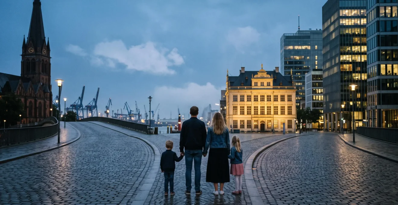 Une rue belge au crepuscule symbolisant le choix entre deux villes pour la carriere et la famille