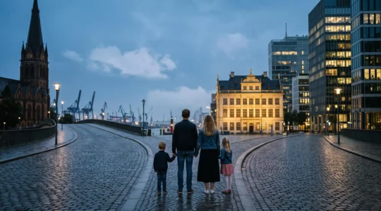 Une rue belge au crepuscule symbolisant le choix entre deux villes pour la carriere et la famille