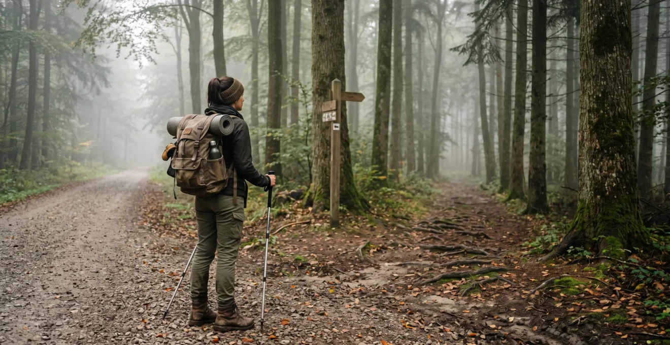 Randonneur de dos avançant sur un sentier forestier brumeux des Ardennes belges, illustrant le choix d'un itinéraire selon son niveau