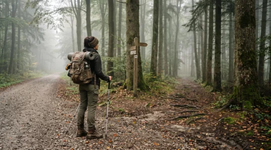Randonneur de dos avançant sur un sentier forestier brumeux des Ardennes belges, illustrant le choix d'un itinéraire selon son niveau