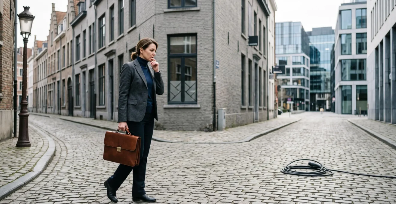 Cadre belge réfléchissant à son choix de voiture de société entre avantage fiscal et coût réel, dans un cadre urbain gris typique de Bruxelles