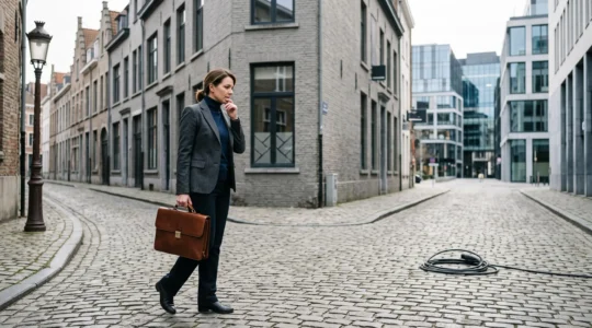 Cadre belge réfléchissant à son choix de voiture de société entre avantage fiscal et coût réel, dans un cadre urbain gris typique de Bruxelles