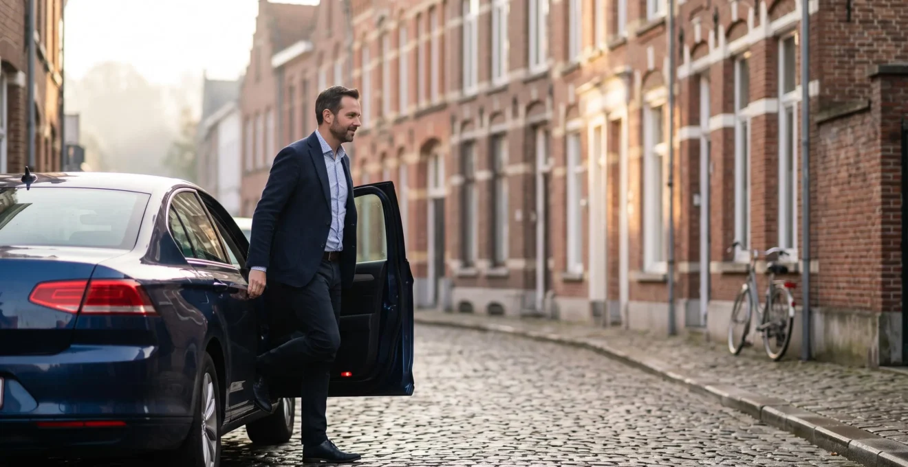 Professionnel belge montant dans sa voiture au petit matin devant une maison de style traditionnel, symbolisant la gestion de ses déplacements professionnels