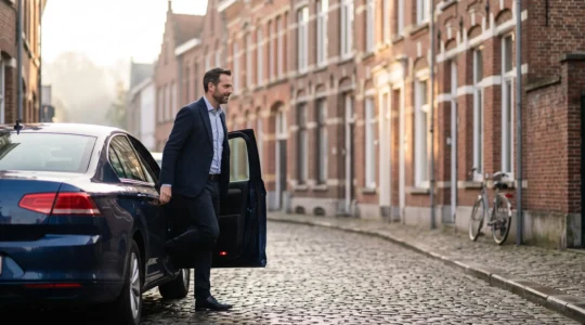 Professionnel belge montant dans sa voiture au petit matin devant une maison de style traditionnel, symbolisant la gestion de ses déplacements professionnels