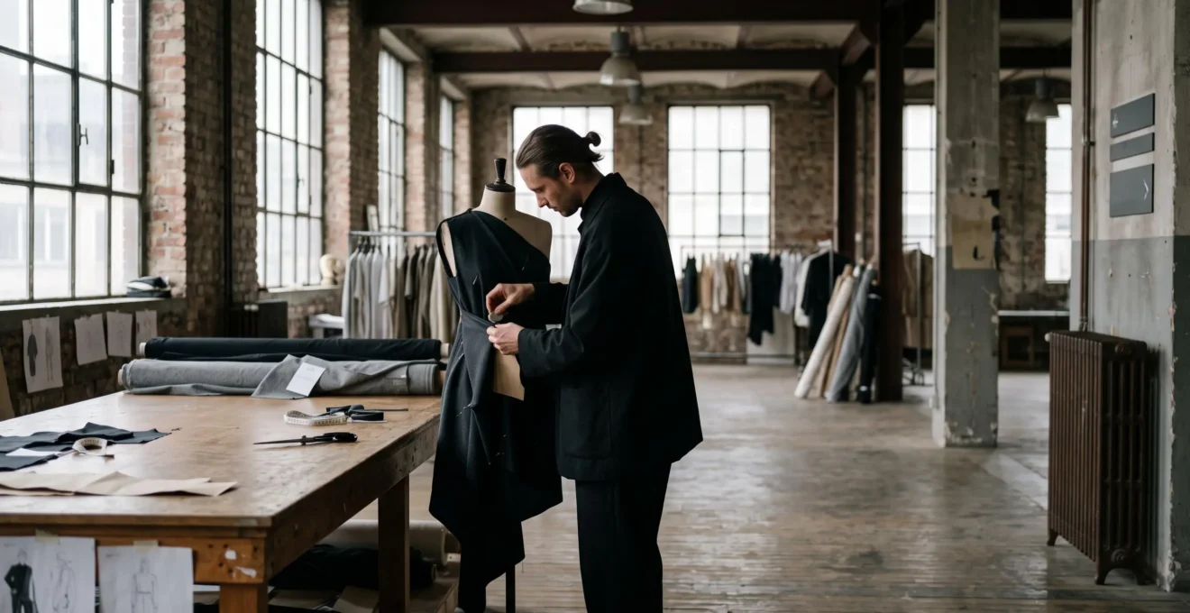 Silhouette de créateur de mode dans un atelier épuré à Anvers, entouré de tissus sombres et de patrons suspendus