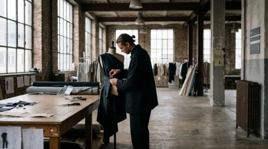 Silhouette de créateur de mode dans un atelier épuré à Anvers, entouré de tissus sombres et de patrons suspendus