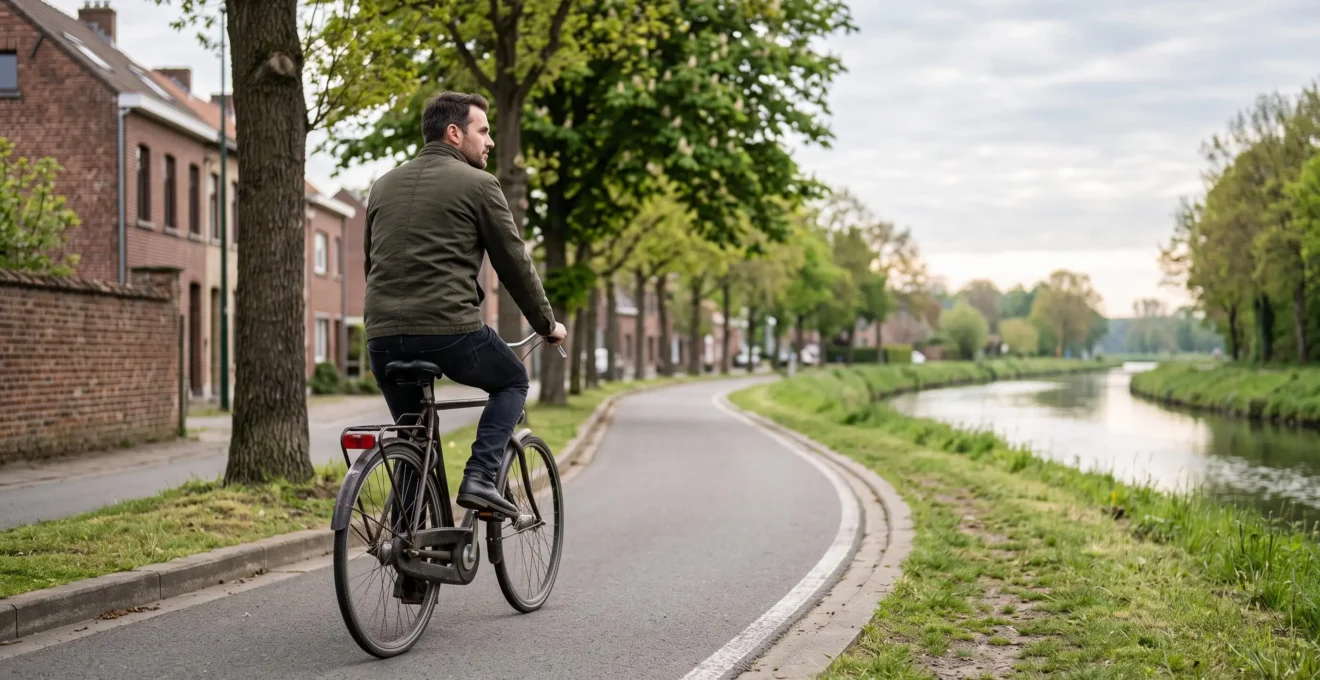 Cycliste roulant sereinement sur une voie verte séparée de la circulation, entre ville et campagne belge