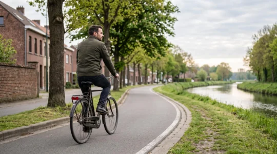 Cycliste roulant sereinement sur une voie verte séparée de la circulation, entre ville et campagne belge