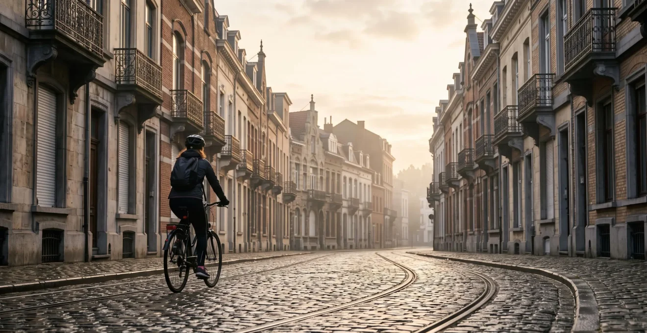 Cycliste traversant une rue pavée bruxelloise à l'aube, en toute sécurité, pour rejoindre son bureau
