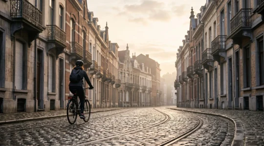 Cycliste traversant une rue pavée bruxelloise à l'aube, en toute sécurité, pour rejoindre son bureau