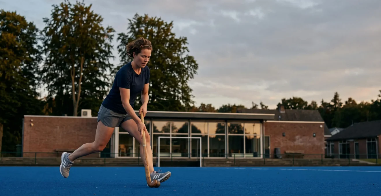 Adulte de 35 ans s'entrainant seul au hockey sur gazon sur un terrain belge en fin de journee