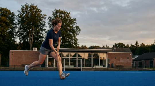 Adulte de 35 ans s'entrainant seul au hockey sur gazon sur un terrain belge en fin de journee