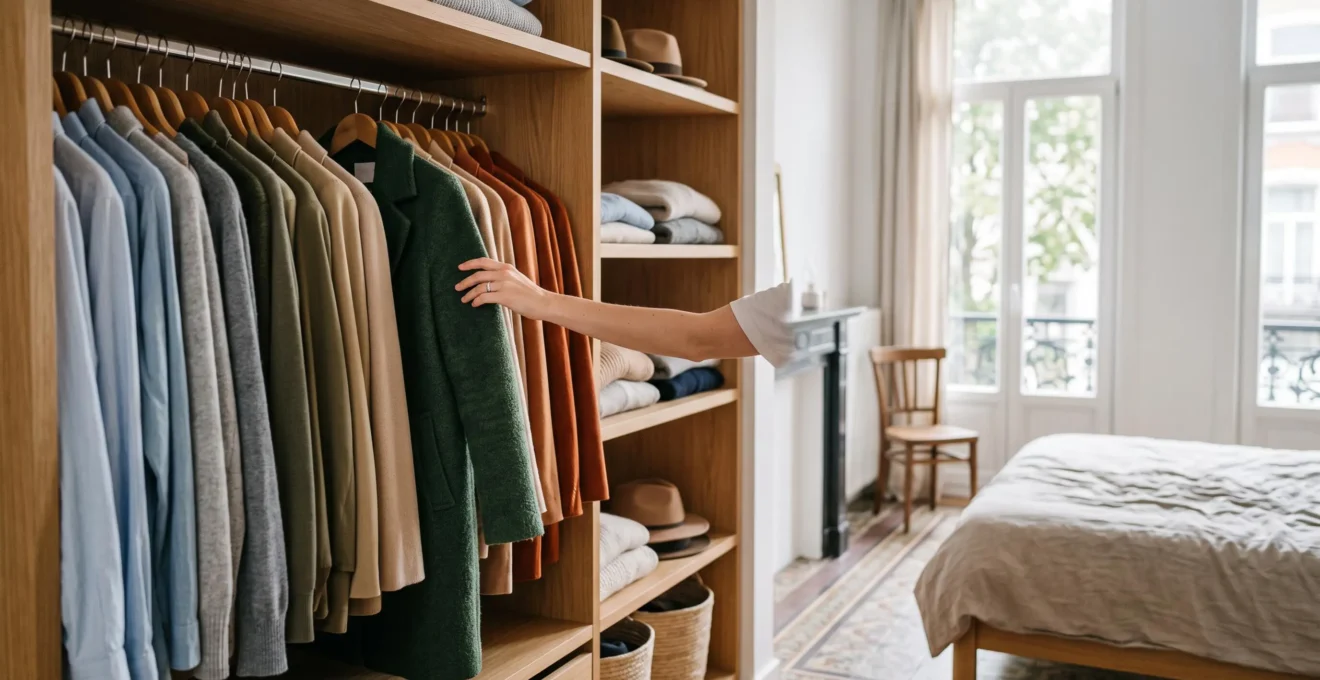 Dressing ouvert et organise avec des vetements soigneusement suspendus, symbolisant le tri avant une vente en depot-vente a Bruxelles