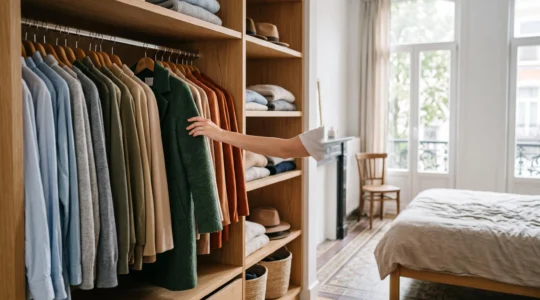 Dressing ouvert et organise avec des vetements soigneusement suspendus, symbolisant le tri avant une vente en depot-vente a Bruxelles