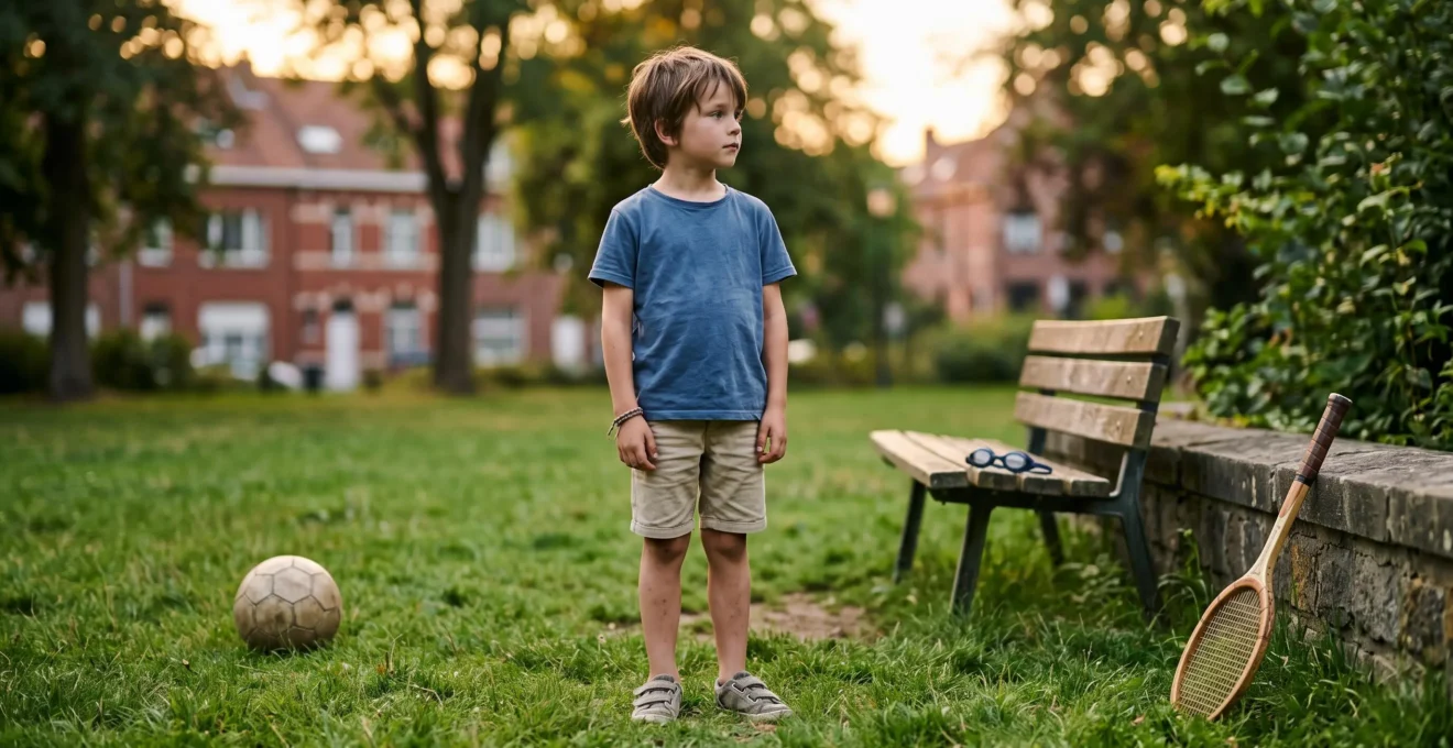 Jeune enfant belge hésitant symboliquement entre le football, le tennis et la natation dans un parc urbain