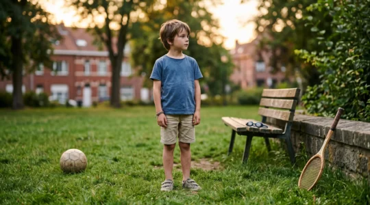 Jeune enfant belge hésitant symboliquement entre le football, le tennis et la natation dans un parc urbain