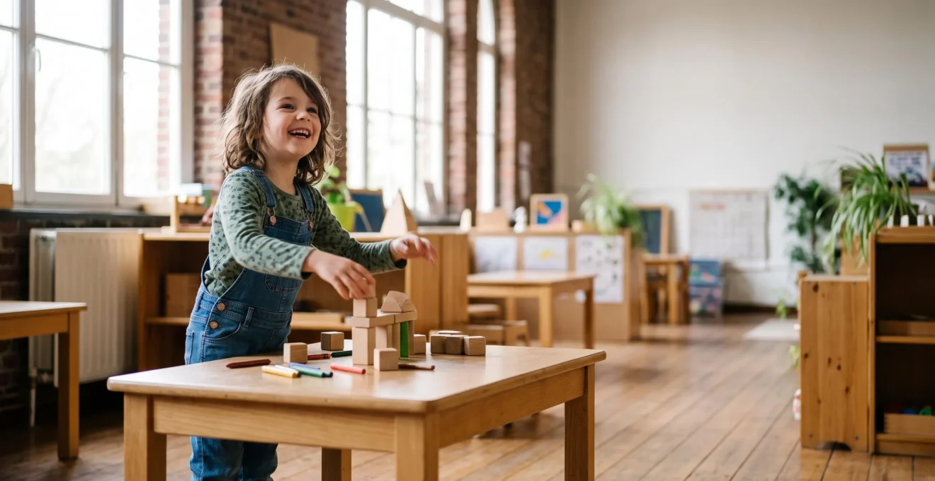 Enfant créatif et energique dans un espace lumineux évoquant le choix entre pédagogies Montessori, Freinet et traditionnelle en Belgique