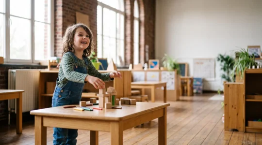 Enfant créatif et energique dans un espace lumineux évoquant le choix entre pédagogies Montessori, Freinet et traditionnelle en Belgique