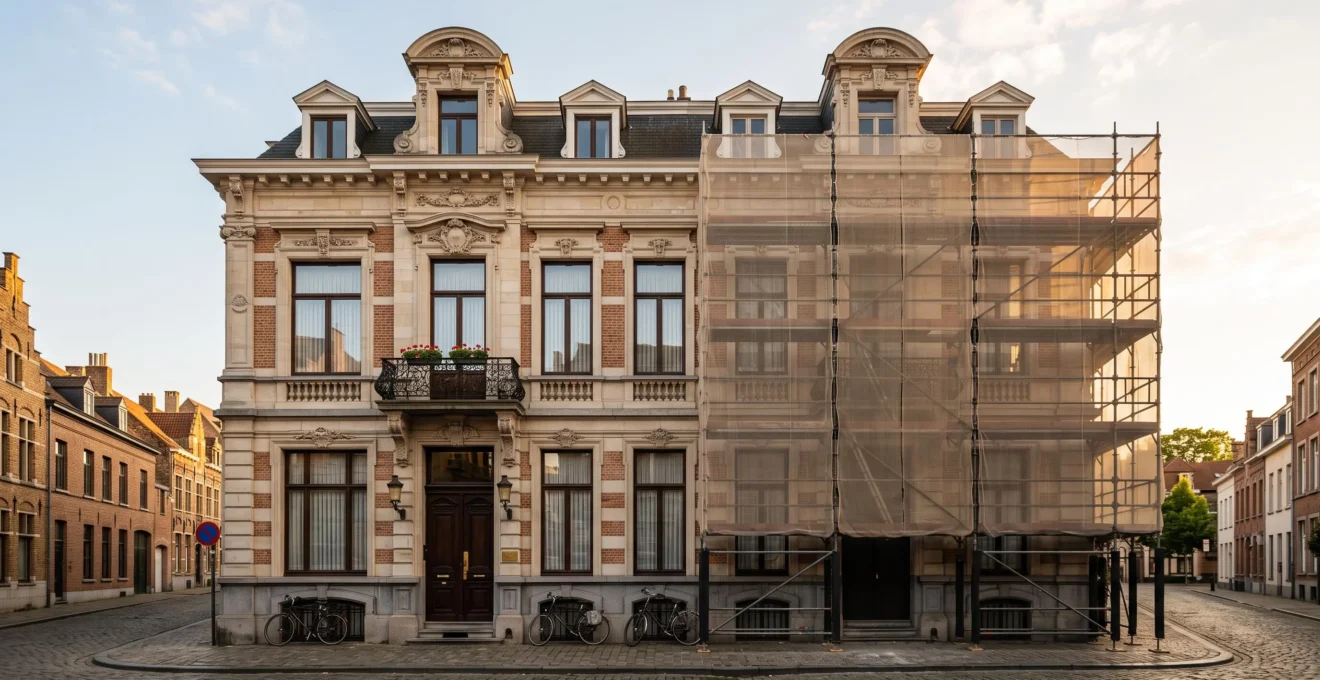 Façade élégante d'une maison de maître belge en pierre, symbole d'un projet de rénovation à maîtriser