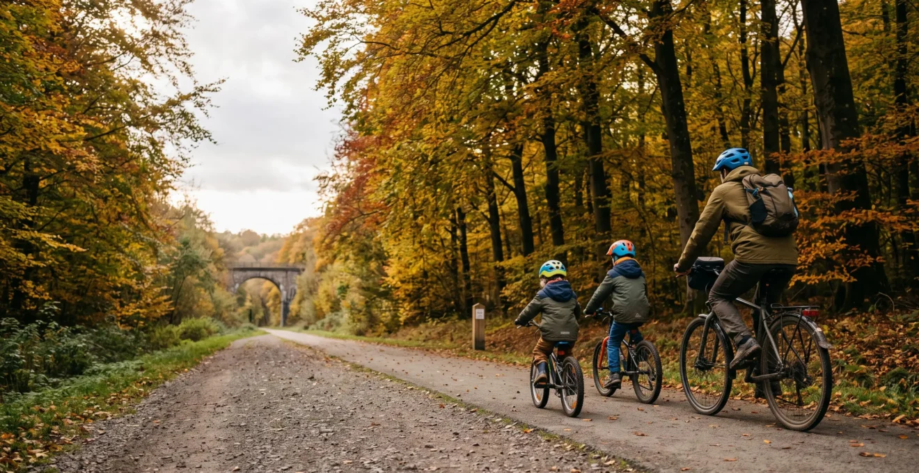 Famille à vélo roulant en toute sécurité sur une voie verte du RAVeL entourée de forêts en Wallonie