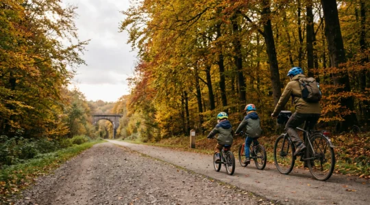 Famille à vélo roulant en toute sécurité sur une voie verte du RAVeL entourée de forêts en Wallonie