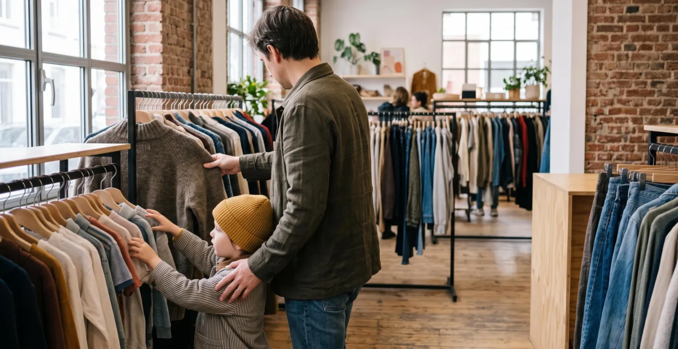 Une famille belge choisit ensemble des vêtements de seconde main dans une friperie lumineuse et épurée